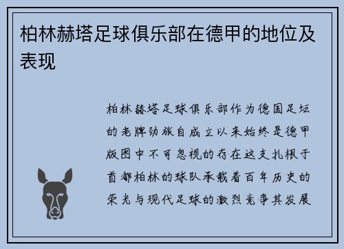 柏林赫塔足球俱乐部在德甲的地位及表现