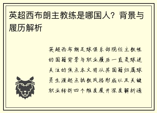 英超西布朗主教练是哪国人？背景与履历解析